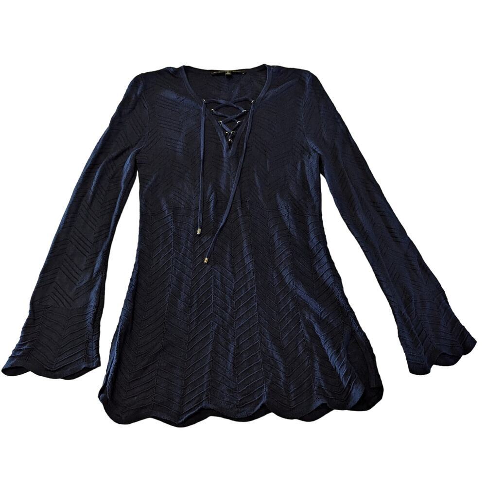 WHITE HOUSE BLACK MARKET Lace Up Scallop‎ Trim Chevron Knit Sweater XS